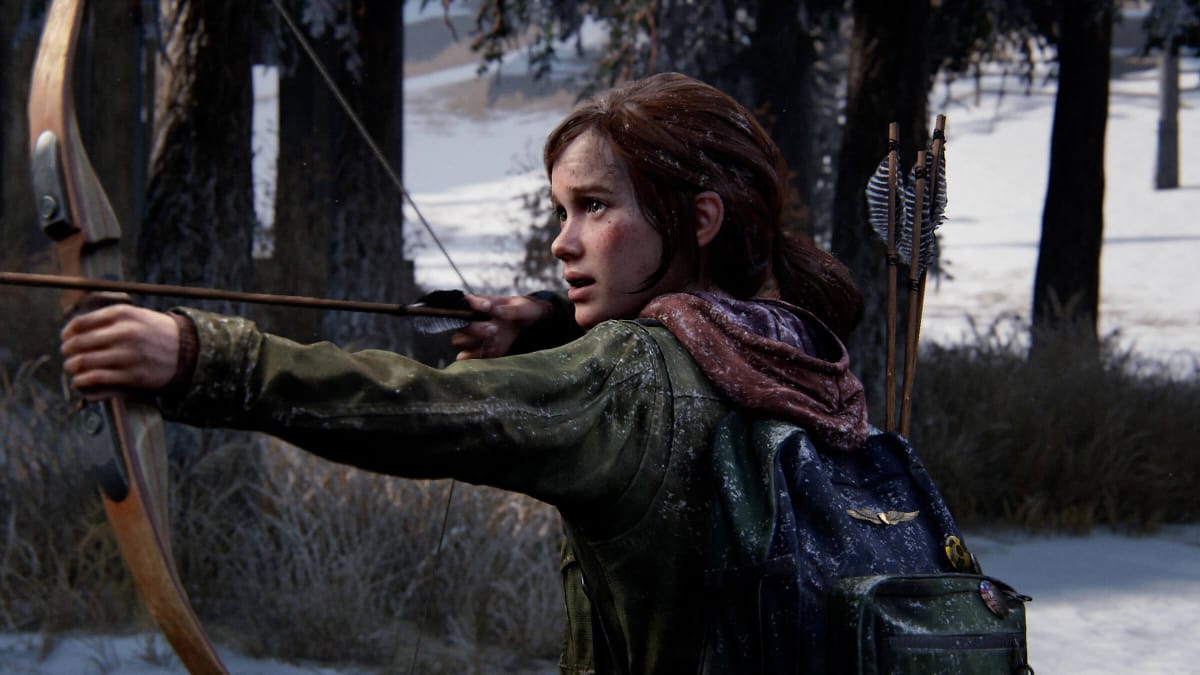 Ellie aiming a bow off-screen in the Naughty Dog game The Last of Us Part I
