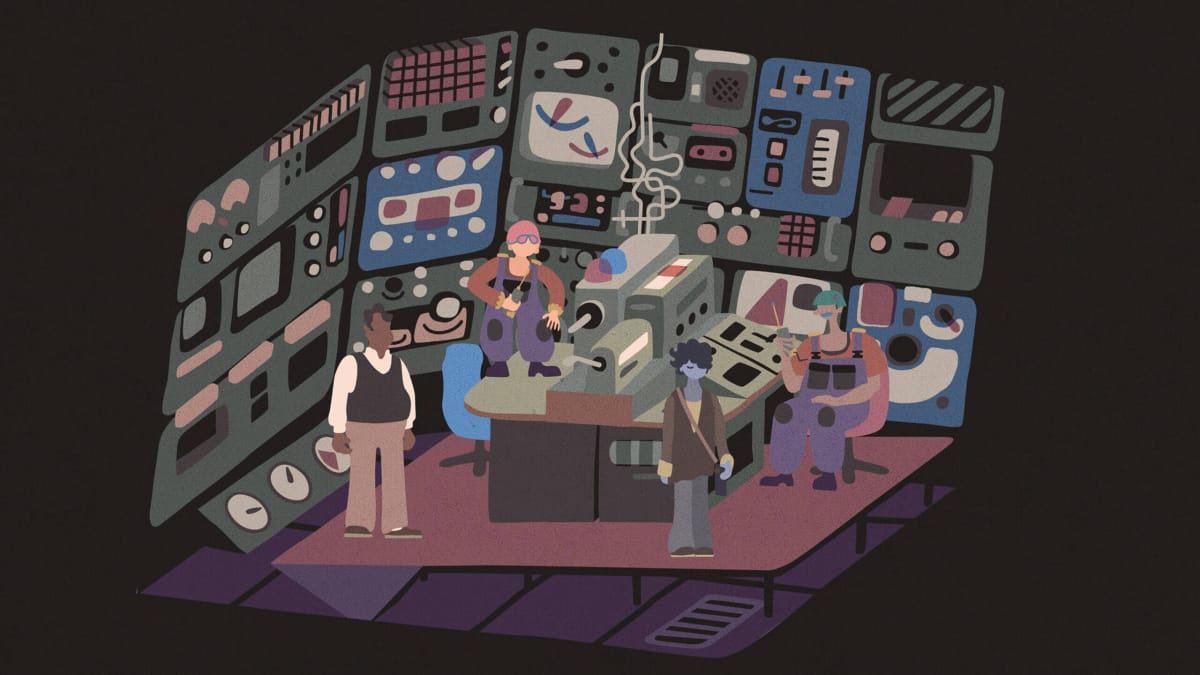 A group of people inside a complex-looking machine in Saltsea Chronicles