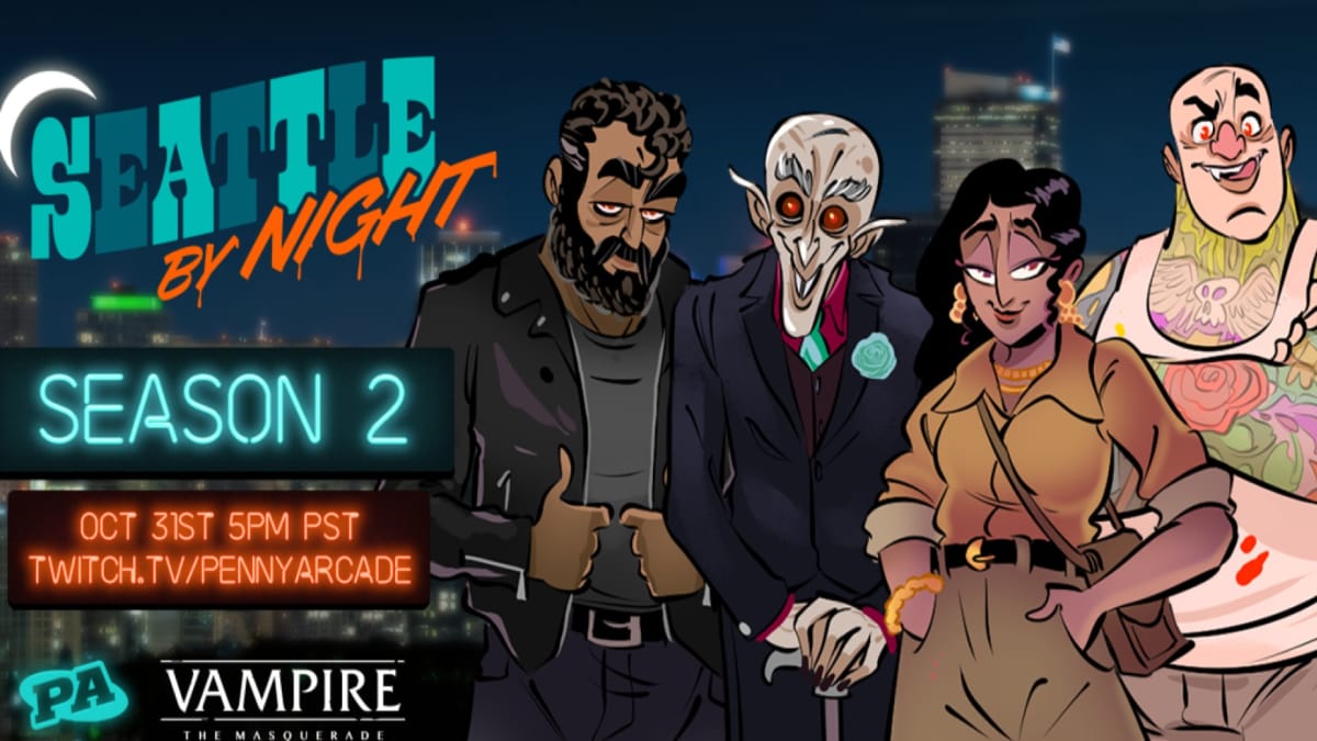 An official logo banner for Seattle By Night Season Two, featuring animated depictions of the vampire coterie starring in the show.