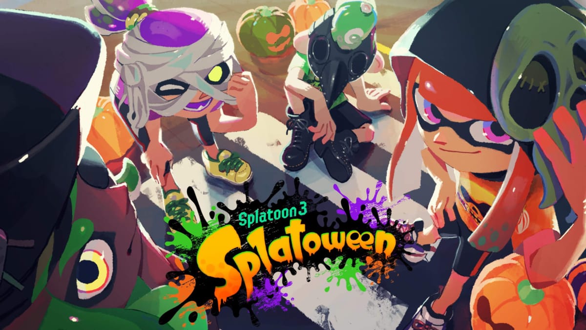 Creepy Inklings with spooky Halloween gear looking into the camera for the Splatoon 3 Splatoween event