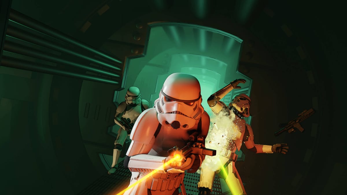 Stormtroopers lining up in a corridor to shoot at the player in Star Wars: Dark Forces Remaster
