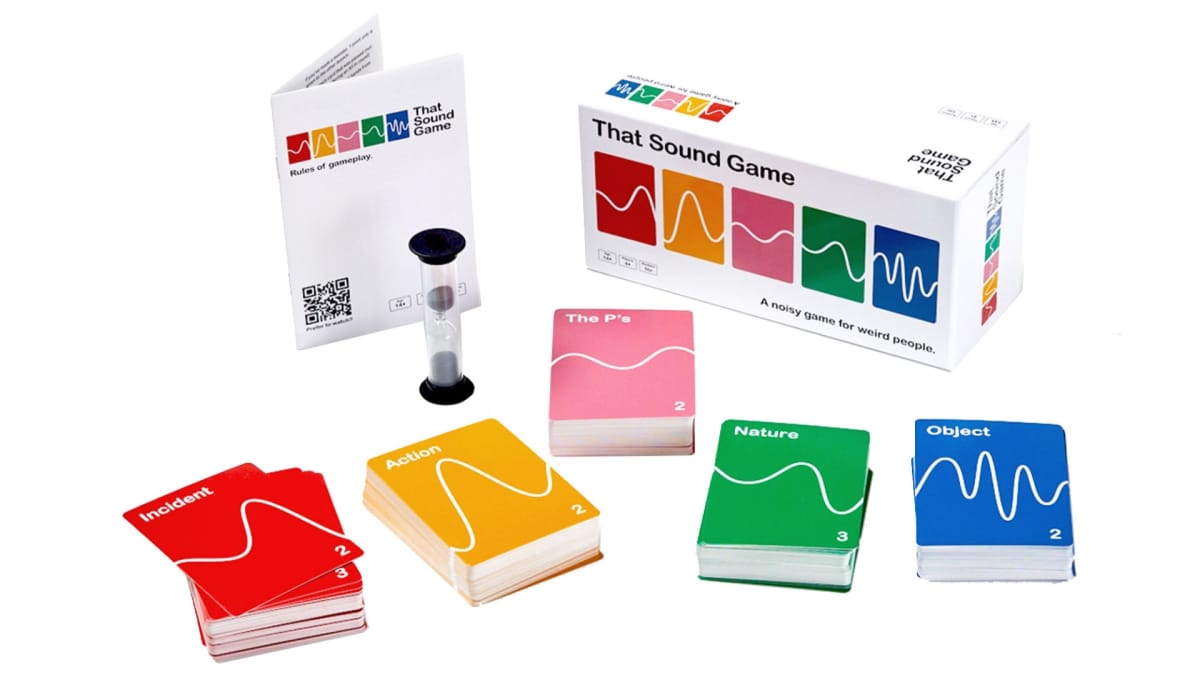 Cards and game pieces for That Sound Game on a white background
