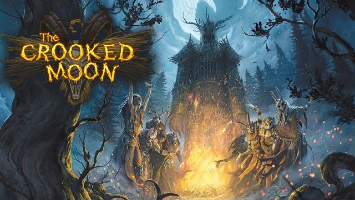 The title for The Crooked Moon, an ominous wooden effigy is being burned in the background.