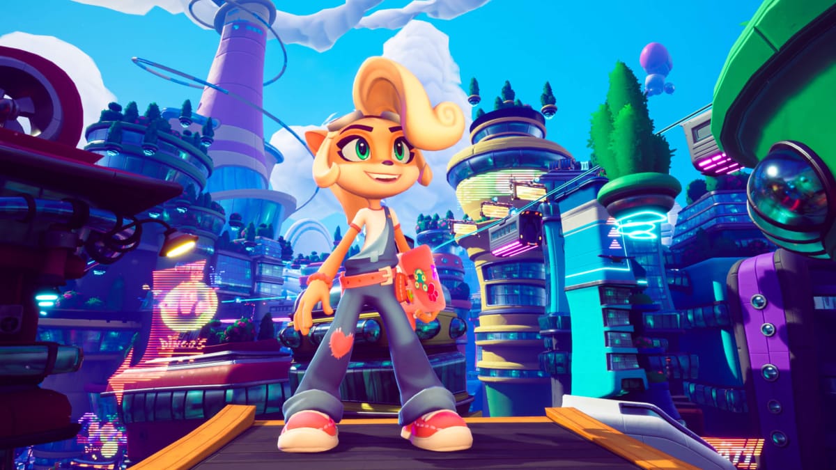 Coco holding her laptop and grinning in the midst of a futuristic city in the Activision Blizzard game Crash Bandicoot 4: It's About Time, to which Ubisoft now has cloud streaming rights