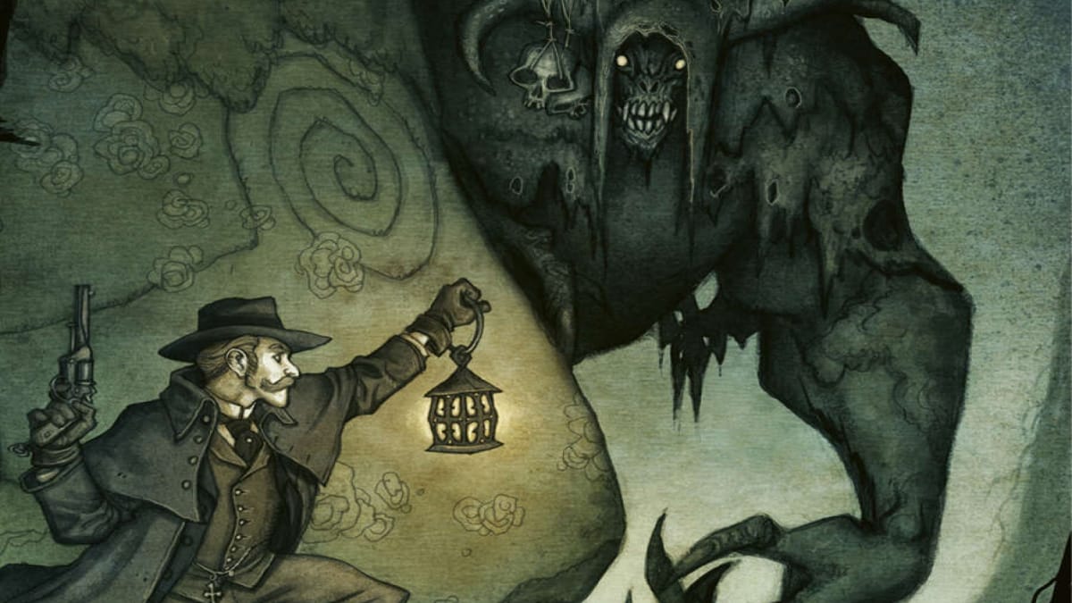 Cover artwork of the TTRPG Vaesen, showing an investigator in a coat, wielding a lantern and a handgun, a horned monster can be seen in silhouette.