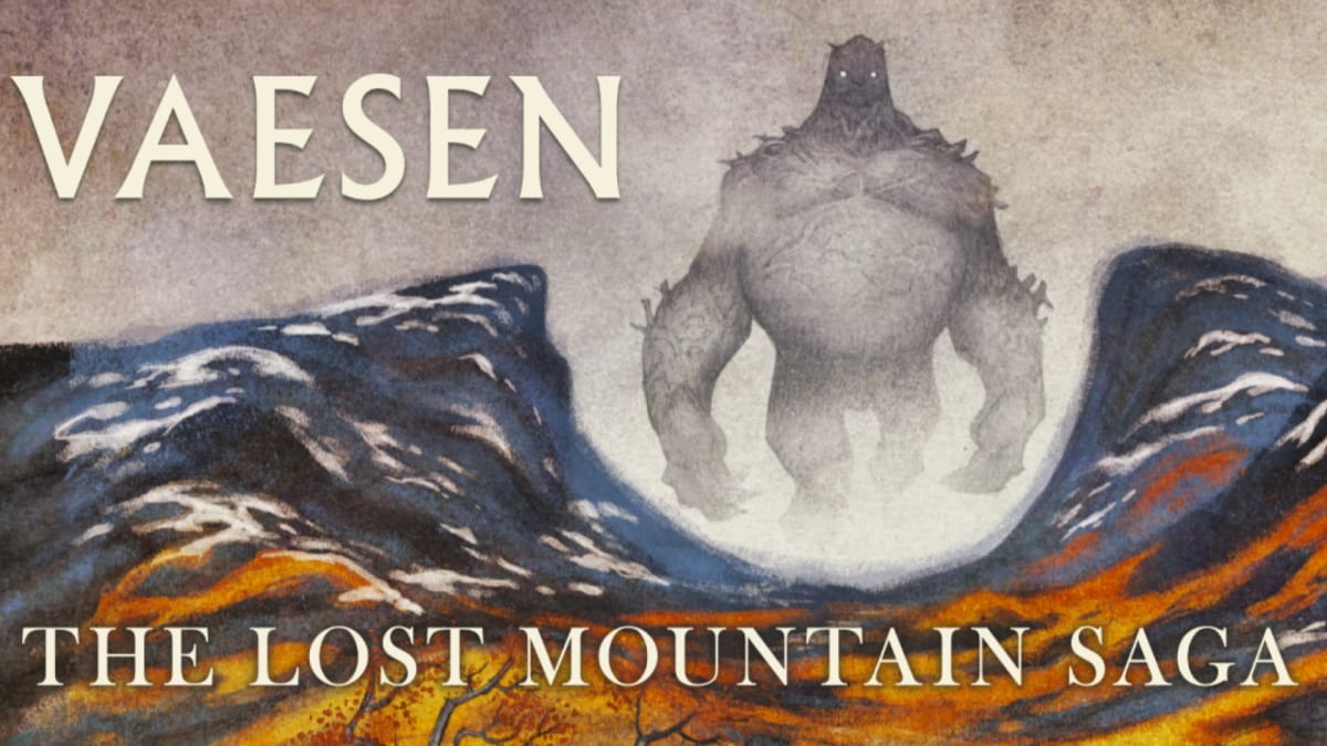Artwork for Vaesen The Lost Mountain Saga, featuring a giant humanlike creature walking through a valley in a mountain range