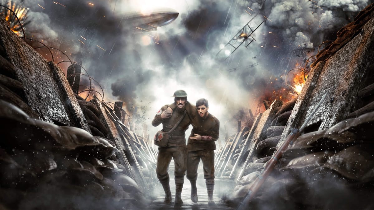 A soldier helping a wounded fellow through a trench while planes and zeppelins fly overhead in War Hospital key art
