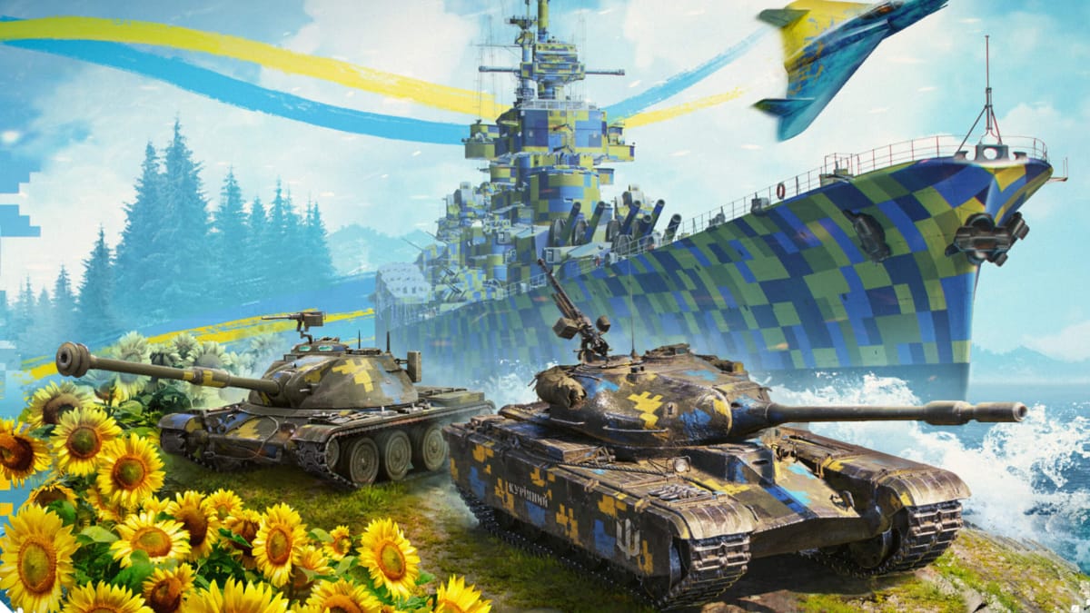 Examples of the new Ukraine-themed tanks and decals available in Wargaming's new Wargaming United charity bundle to support Ukraine