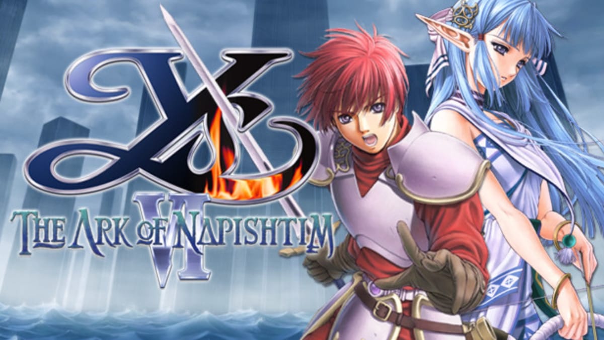 Ys VI The Ark of Napishtim key art showing a red-haired knight standing next to a blue-haired lady clad in white