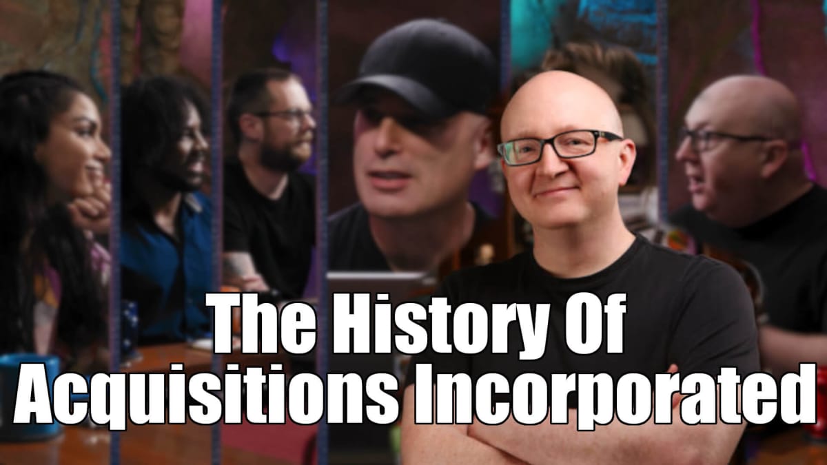 Jerry Holkins with white text in front of the cast of Acquisitions Incorporated