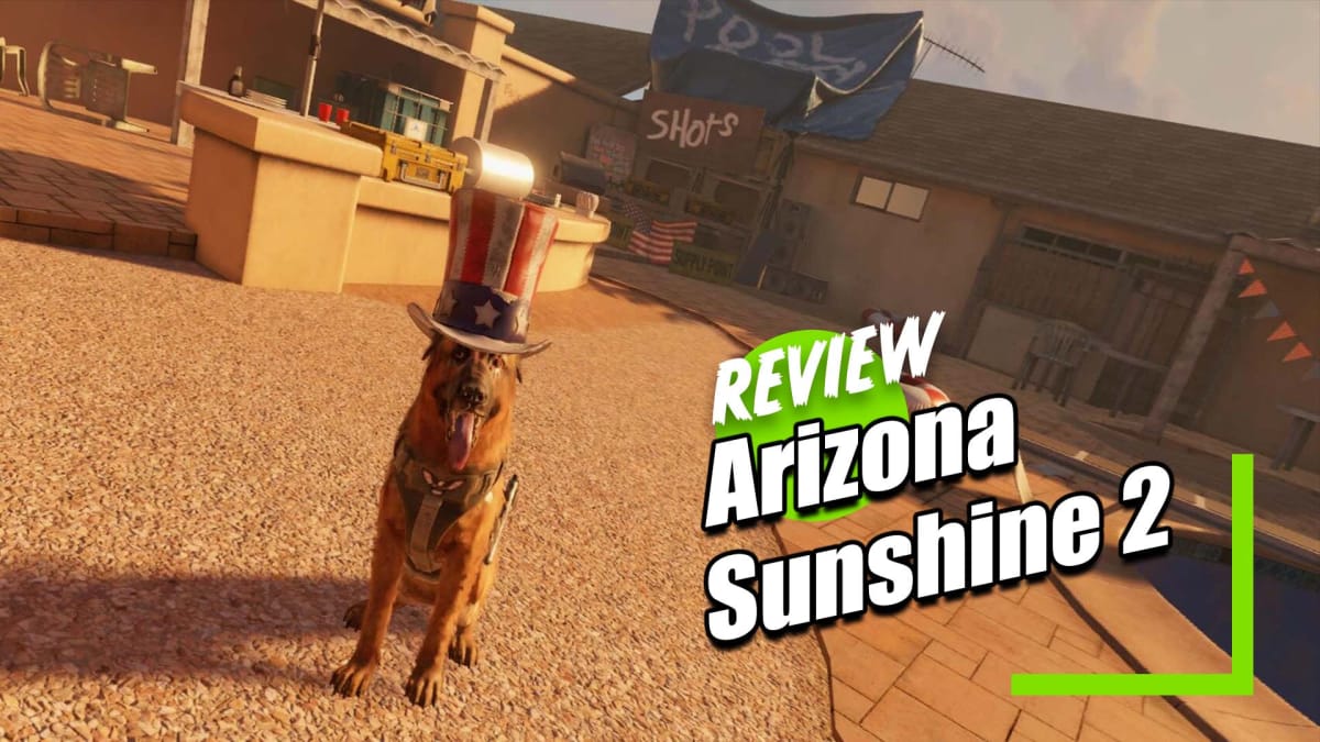 Buddy the dog sits in a patio with an American top hat on in Arizona Sunshine 2