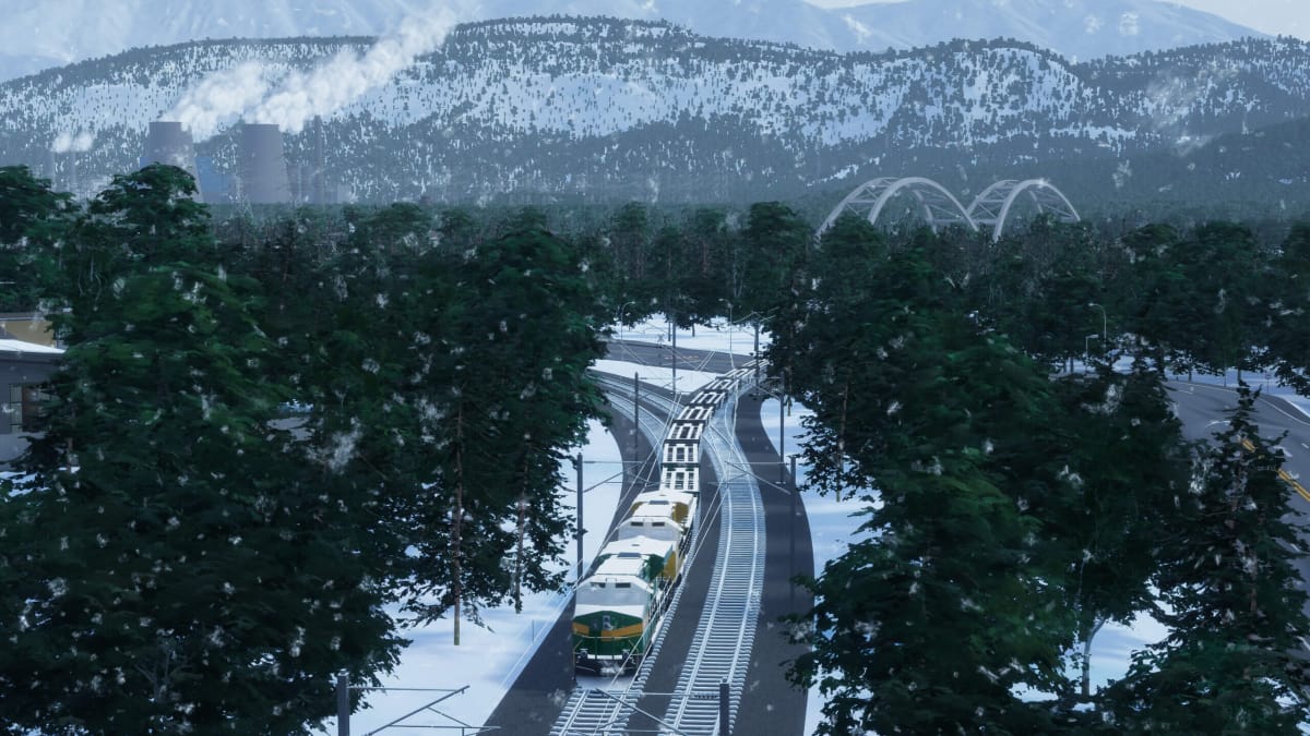 A train winding its way through a rural snowy landscape in Cities: Skylines 2