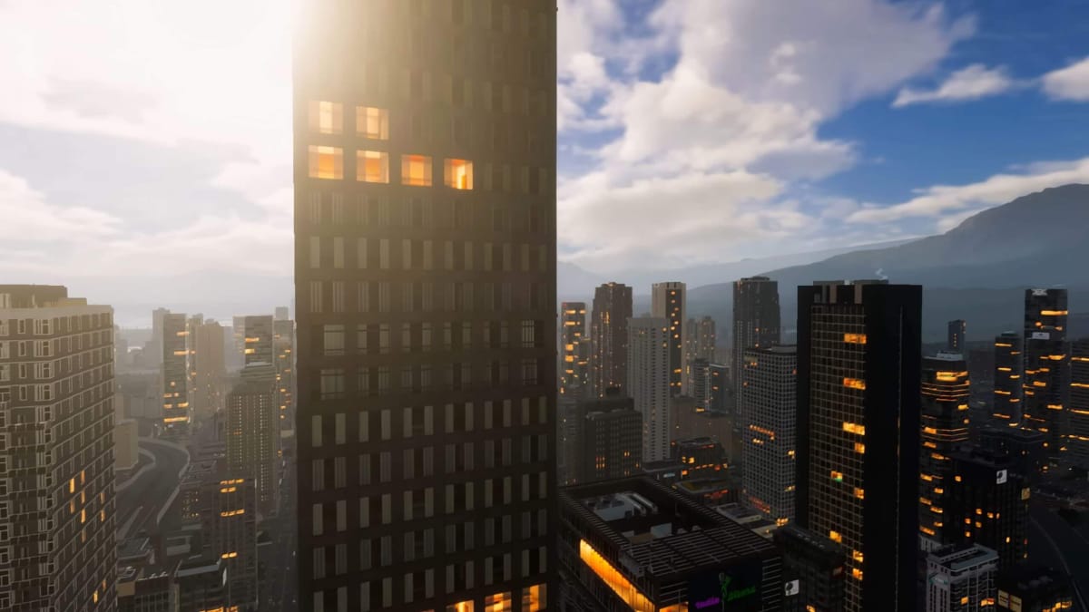 A cityscape with the sun shining on a building in Cities: Skylines 2
