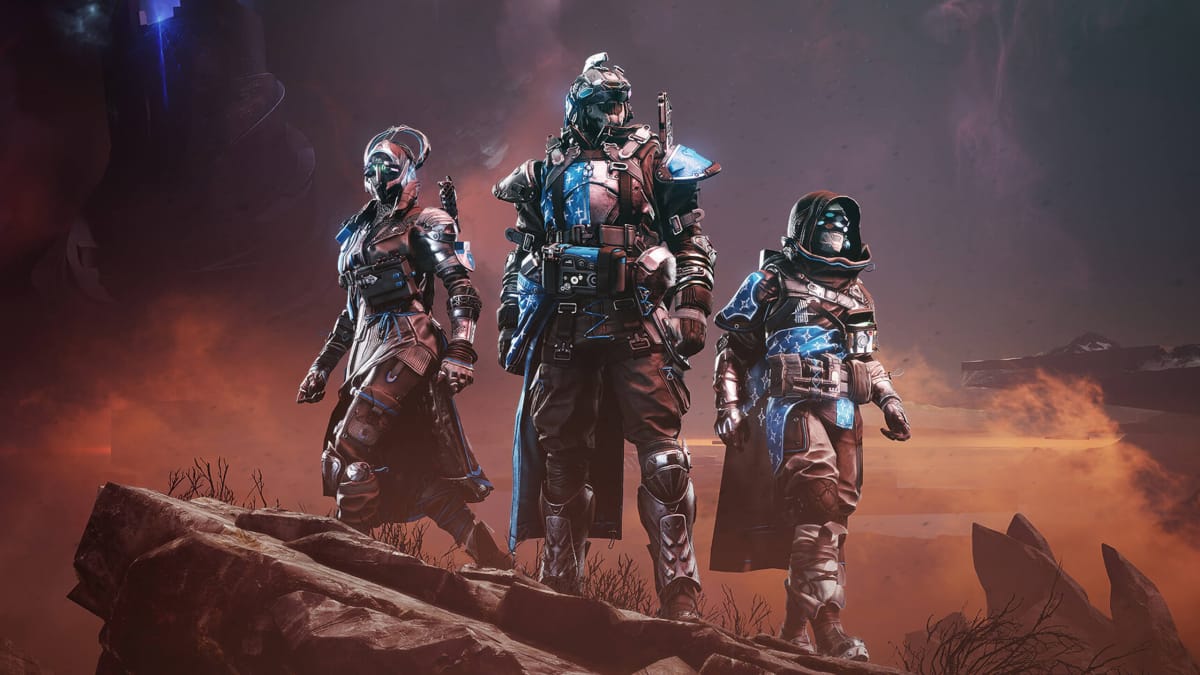 Three Guardians standing on a cliff in Destiny 2