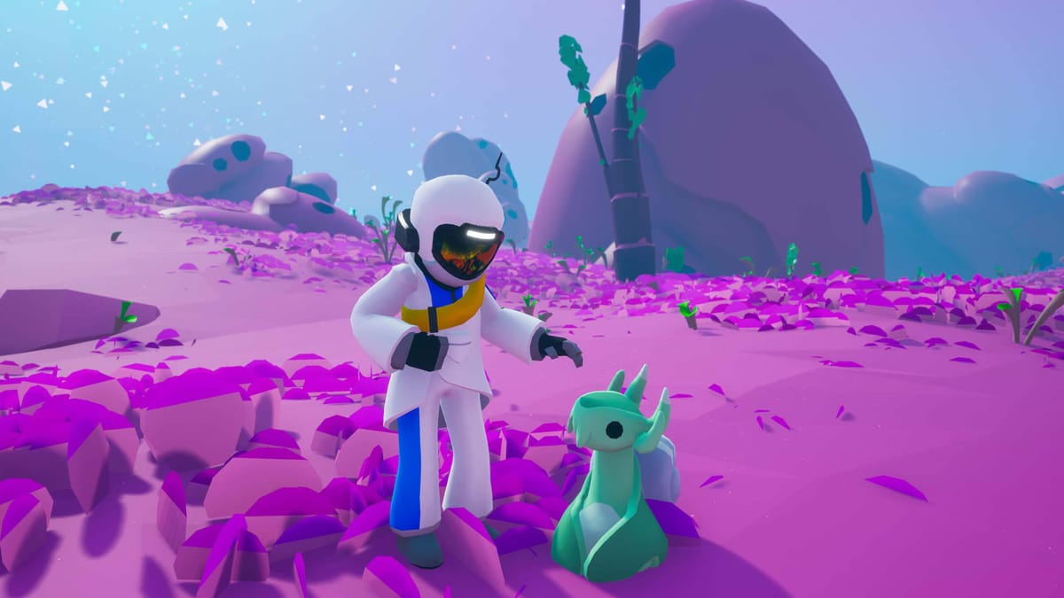 An astronaut reaching down to pet a small cute creature in System Era's Astroneer