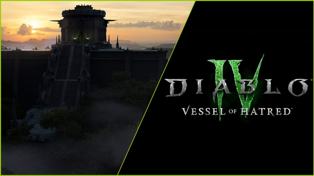 Hero image for the Diablo 4 expansion "Vessel of Hatred" with logo and the Ziggurrat of Kurast
