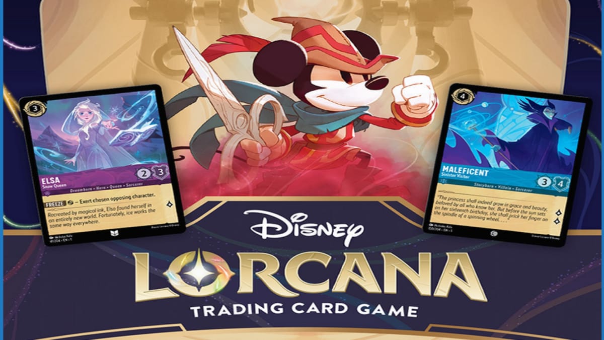  A promotional image of Disey Lorcana, featuring Mickey Mouse in a muskateer outfit, surrounded by cards.