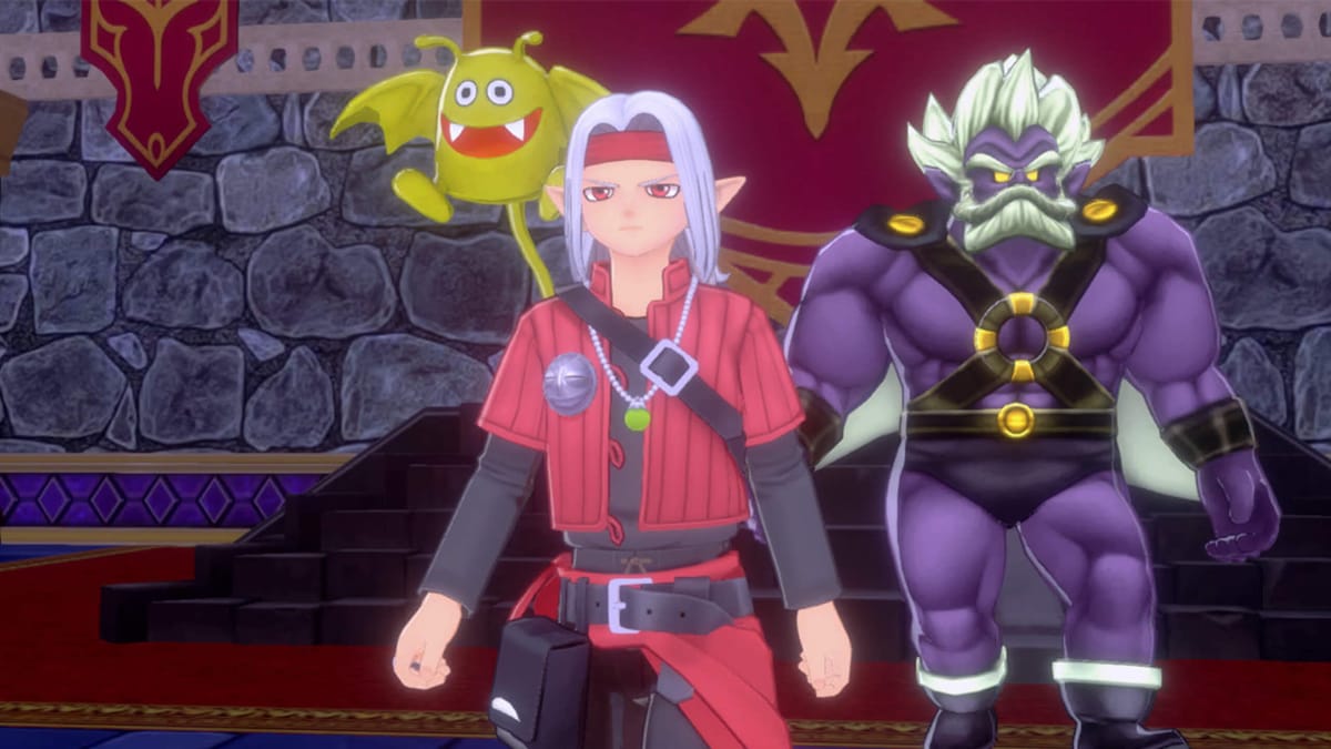 Psaro, the main character of Dragon Quest Monsters: The Dark Prince, looking serious and being flanked by two monsters