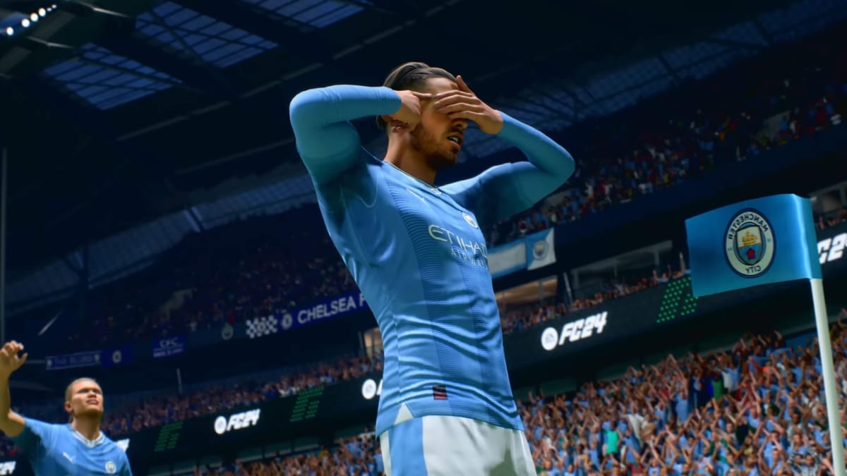 A Manchester City player celebrating a goal in EA Sports FC 24, which is at the top of the UK boxed sales charts