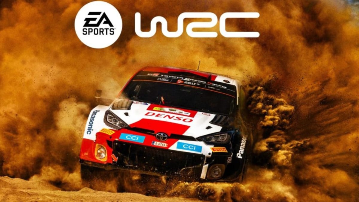 EA Sports WRC key art showing a brightly colored rally car driving through a dusty area kicking up a cloud behind itself
