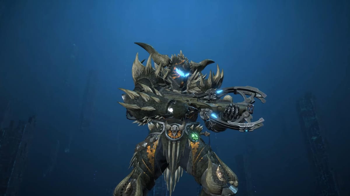 A player wearing armor from the upcoming Exoprimal Monster Hunter crossover