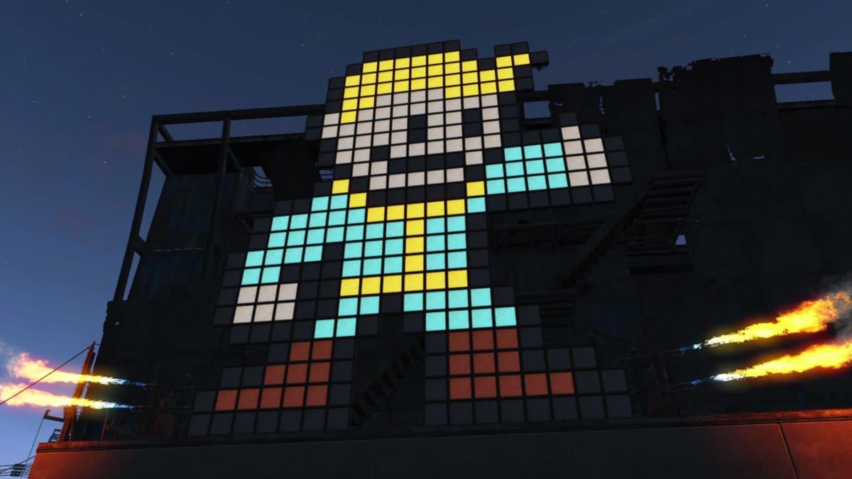A giant Vault Boy display made up of smaller squares in Fallout 4, intended to represent the first look at the Fallout TV show