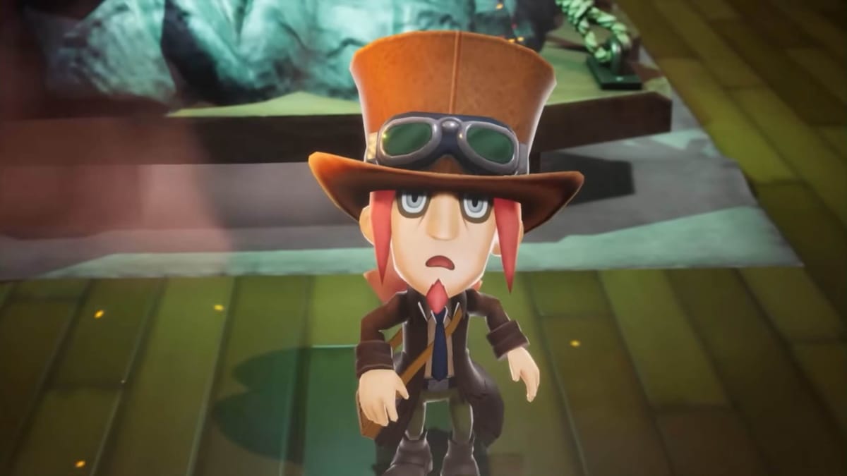 A character in a steampunk-style top hat looking towards the camera in shock in Fantasy Life i: The Girl Who Steals Time