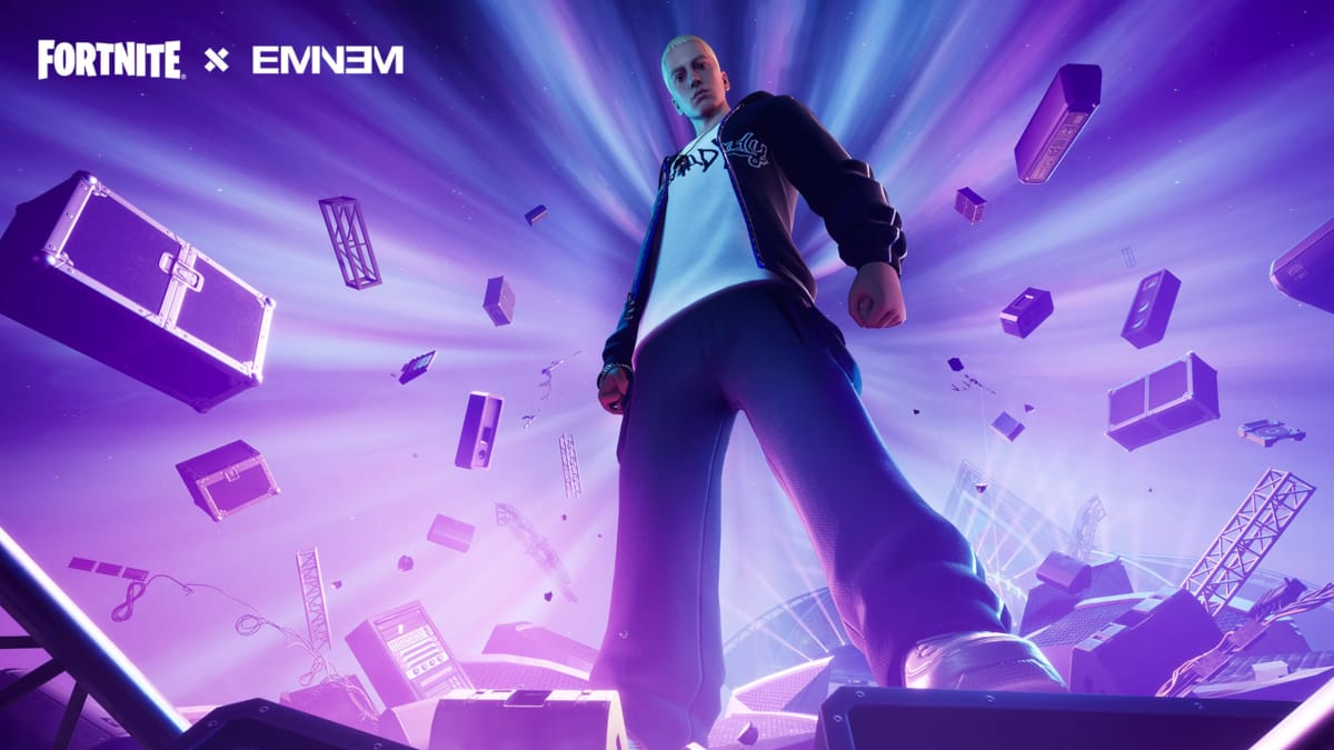 A low-angle shot of Eminem in Fortnite in the upcoming The Big Bang live event