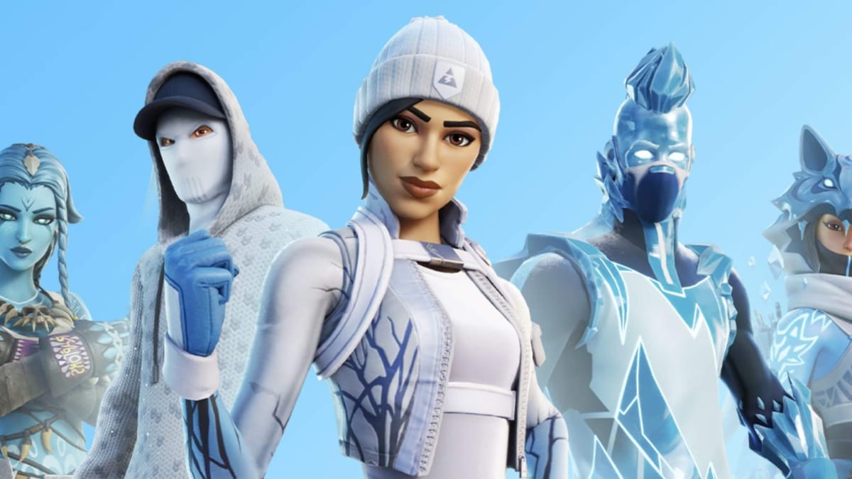 A cast of Fortnite characters with a wintry theme