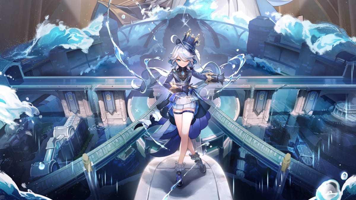 Furina posing rather theatrically while water swishes around her in key art for Genshin Impact version 4.2