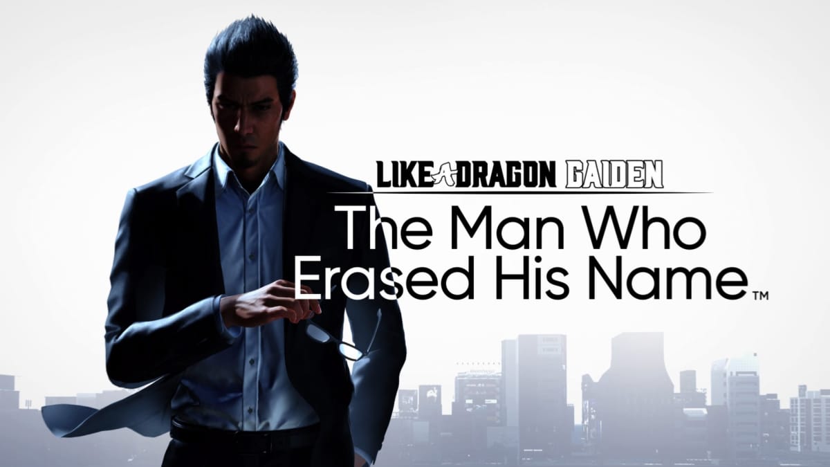 The logo for Like A Dragon Gaiden: The Man Who Erased His Name, showing Kazuma Kiryu in a black suit lighting a cigarette.