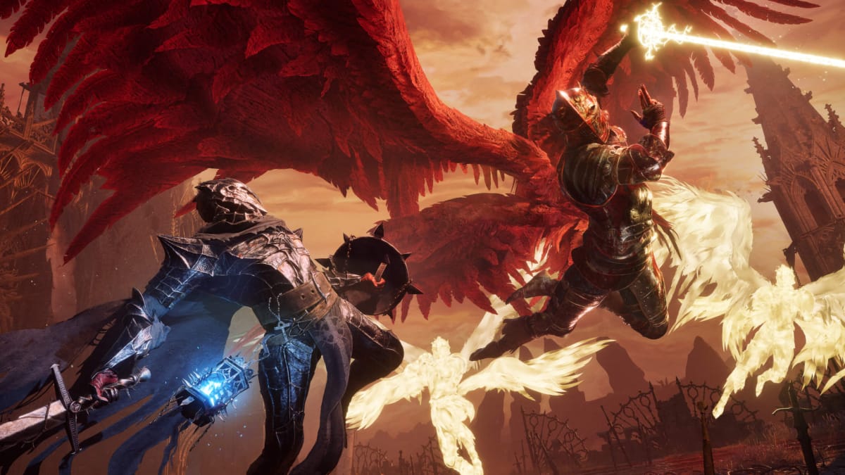 The player lunging to attack the valkyrie boss Pieta with a sword and shield in Lords of the Fallen