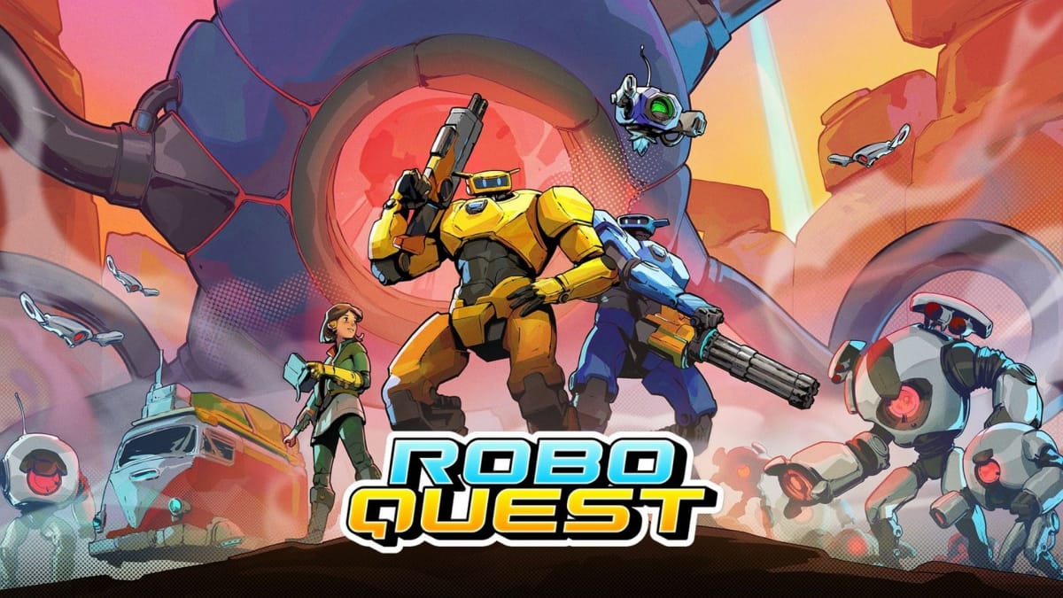 An spread-shot cover of Roboquest, showcasing a large yellow robot standing alongside a young girl and a blue robot against the backdrop of a large spherical robot.