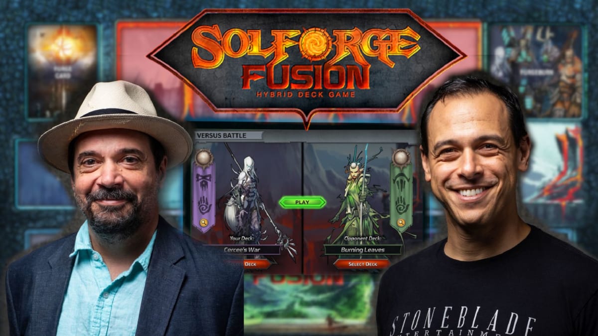 Richard Garfield and Justine Gary alongside the SolForge Fusion Logo and new SolForge Fusion Digital interface