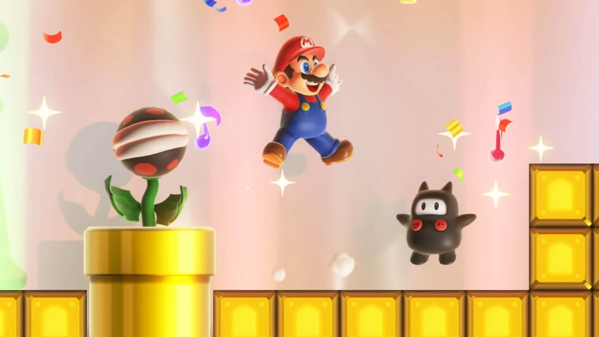 Mario leaping alongside a Piranha Plant and a Ninji enemy in Super Mario Bros. Wonder, the UK boxed sales charts' number one game