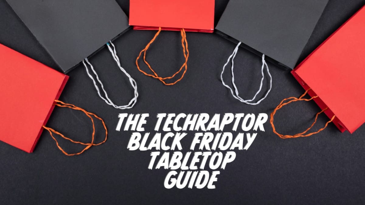 The TechRaptor Black Friday Tabletop Guide Header image, featuring black and red gift bags