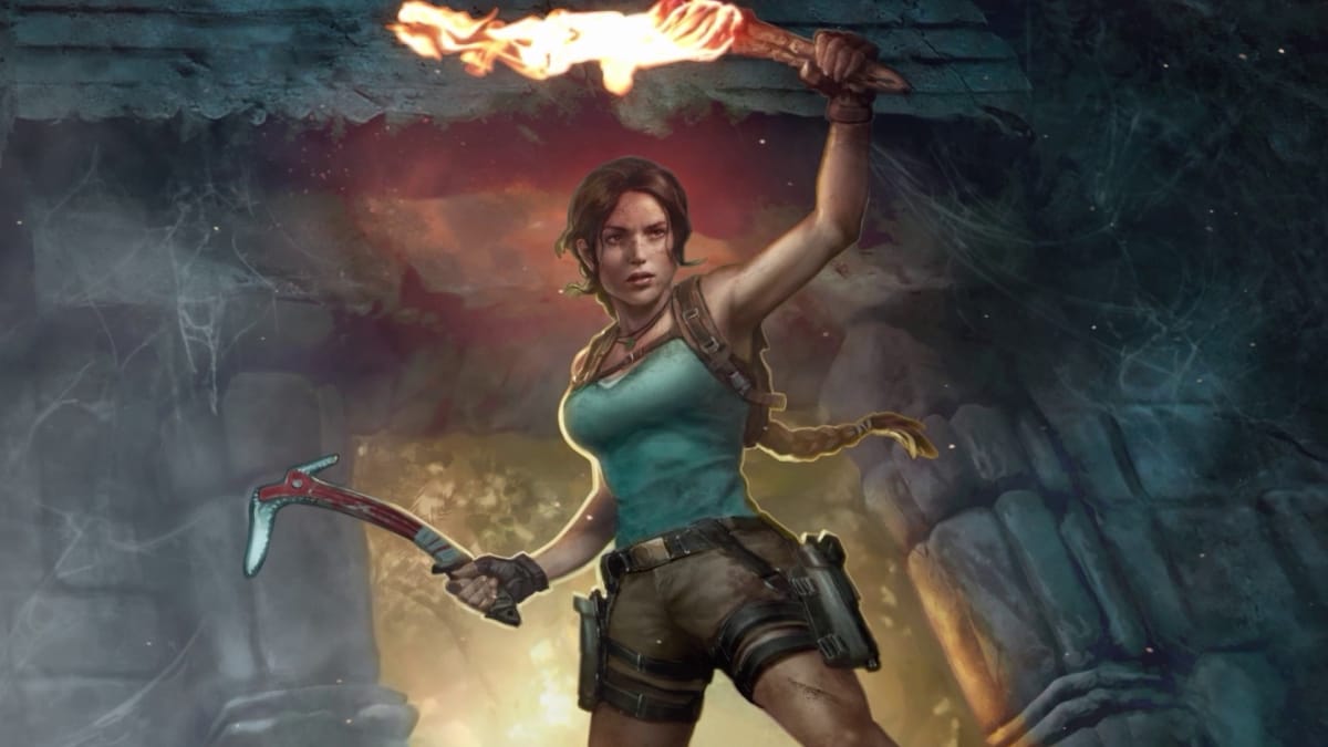 Artwork of the Lara Croft Legendary Creature card from the Tomb Raider Secret Lair