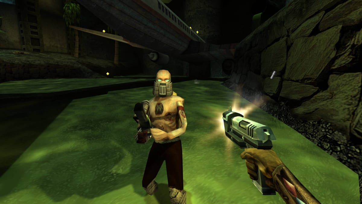 The player firing a pistol at an enemy in Nightdive's Turok 3: Shadow of Oblivion remaster