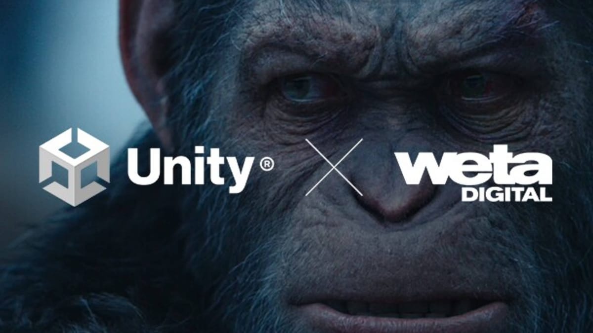 A shot of an ape from the movie War for the Planet of the Apes, overlaid with the Unity and Weta Digital logos