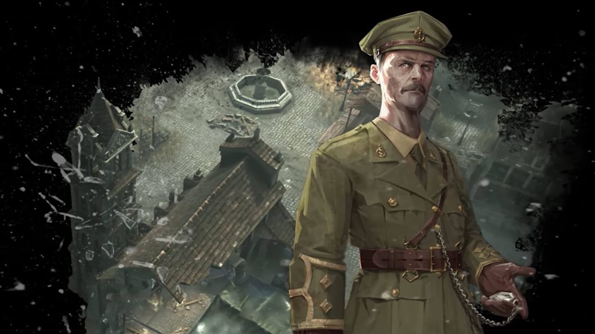 Concept art of a soldier standing in front of a World War I medical hospital in War Hospital