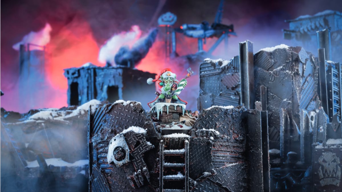 A screenshot of Da Red Gobbo unit, sitting on top of a gray iron Ork battlement.