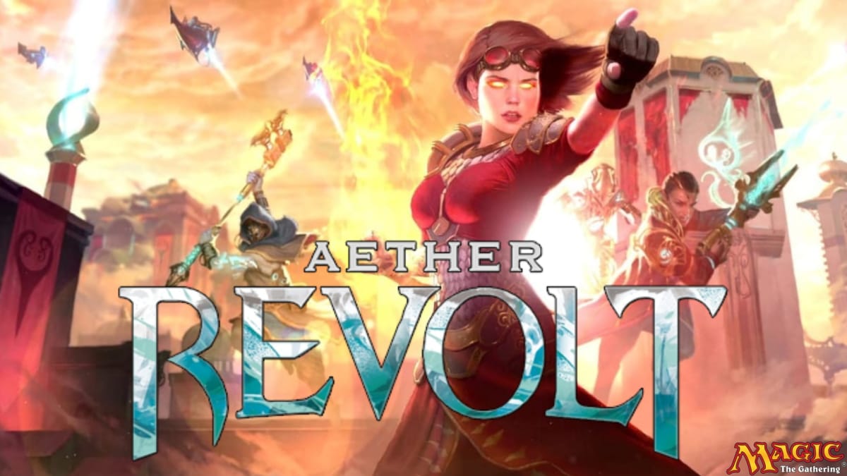 Aether Revolt Key Art showing a flaming character dressed in red armor with a chaotic scene of fighting and flying machines behine her