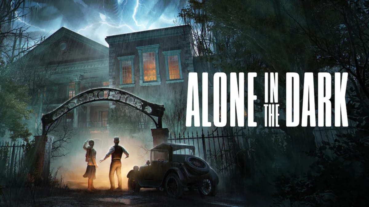 Alone in the Dark key art showing two people in early 1900s apparel standing beneath the gate of a huge old fashioned ohuse on a rainy and stormy night