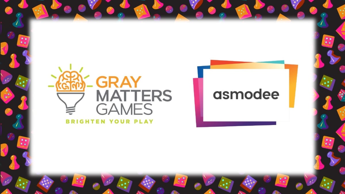 The logos for Gray Matters Games and Asmodee Publishing on a white background surrounded by a border of colorful game pieces.