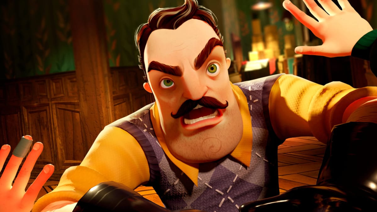 Mr. Peterson lunging for the player in the tinyBuild game Hello Neighbor 2, representing the investment Atari has made in tinyBuild