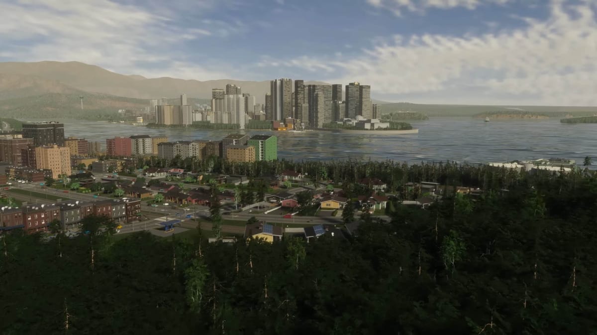 A long shot of a cityscape with a forest in the foreground in Cities: Skylines 2