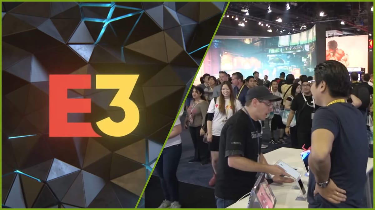 A split image showing the E3 logo and a shot of people at the 2015 convention