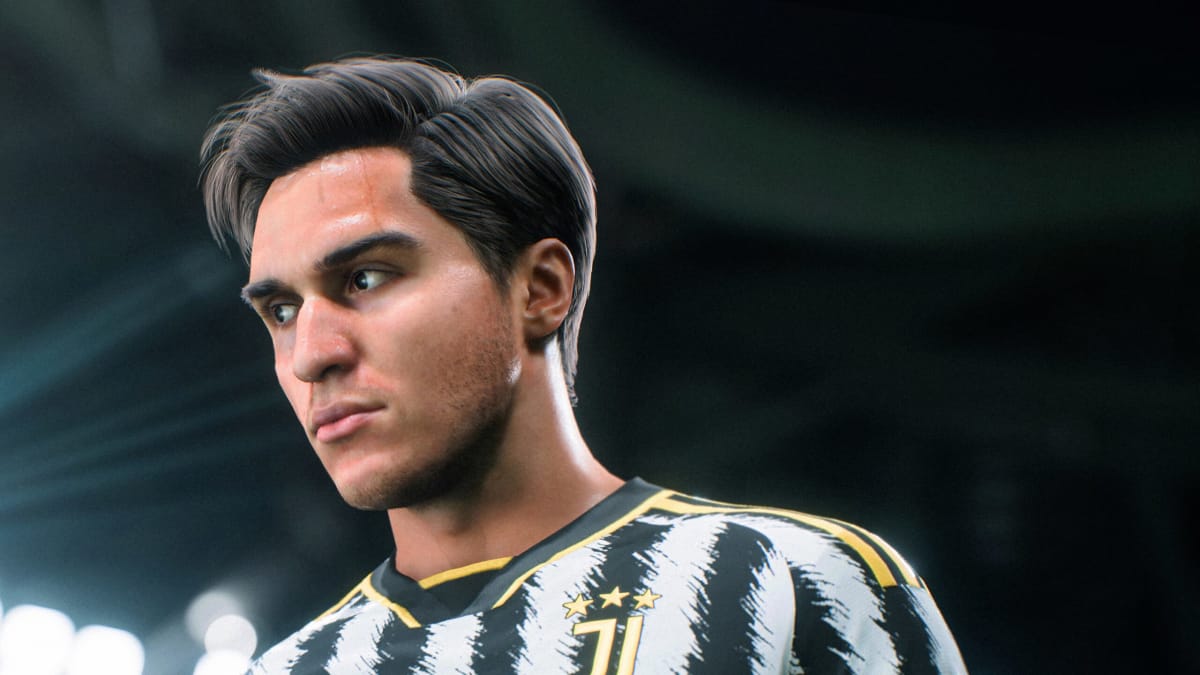 A Juventus player looking off camera in EA Sports FC 24, which is once again at the top of the UK boxed sales charts