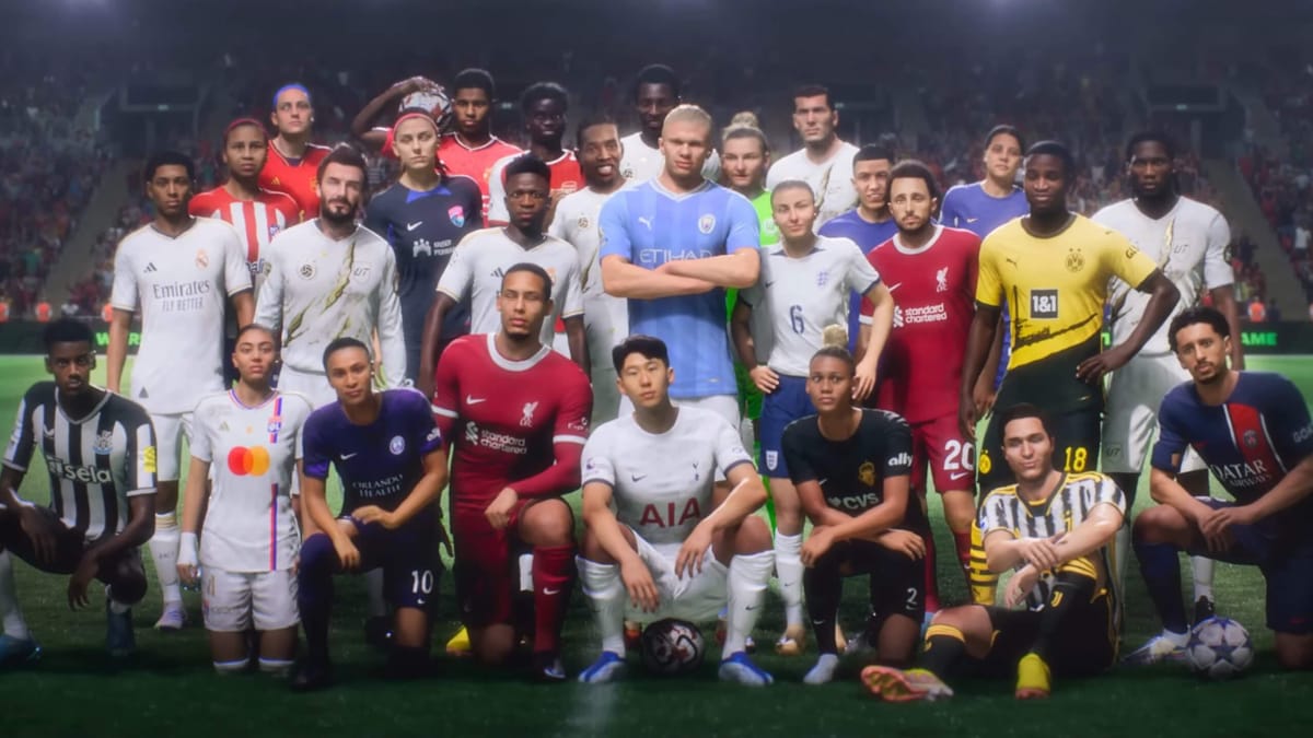 A group of the most iconic players in EA Sports FC 24, which is number one in the UK boxed sales charts again, posing together