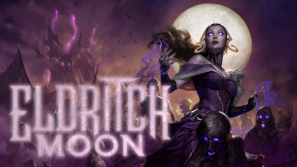 Eldritch Moon key art featuring a purple skinned witch with purple energy coming from her fingers as the dead rise around her
